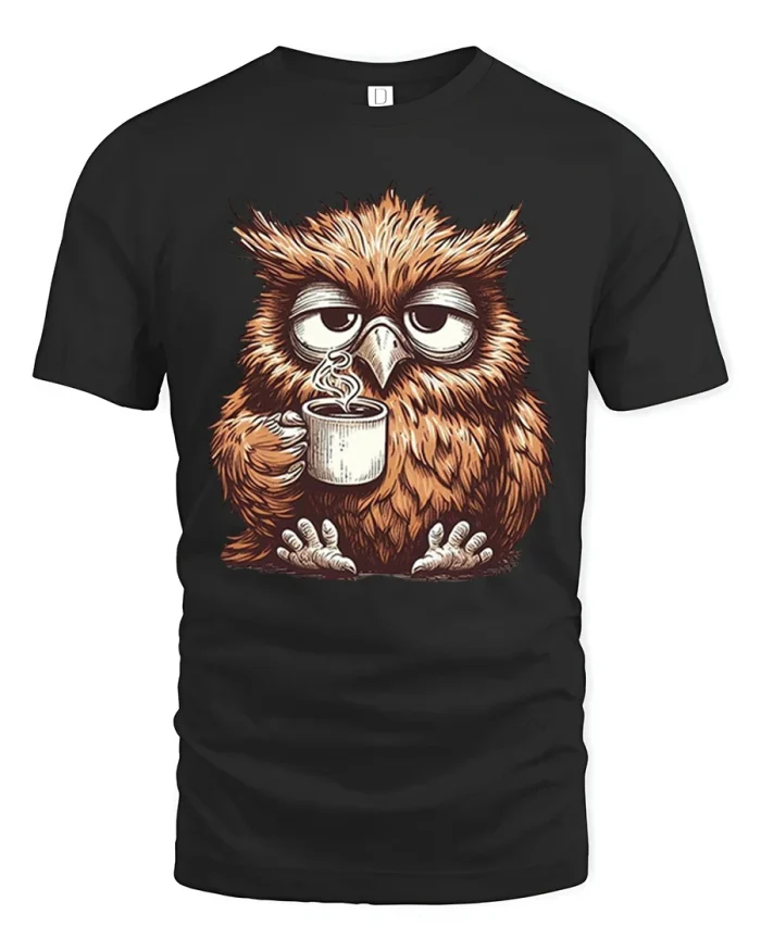 Tired Sleepy Owl Drinking Morning Coffee Graphic T-Shirt - black t-shirt on white background