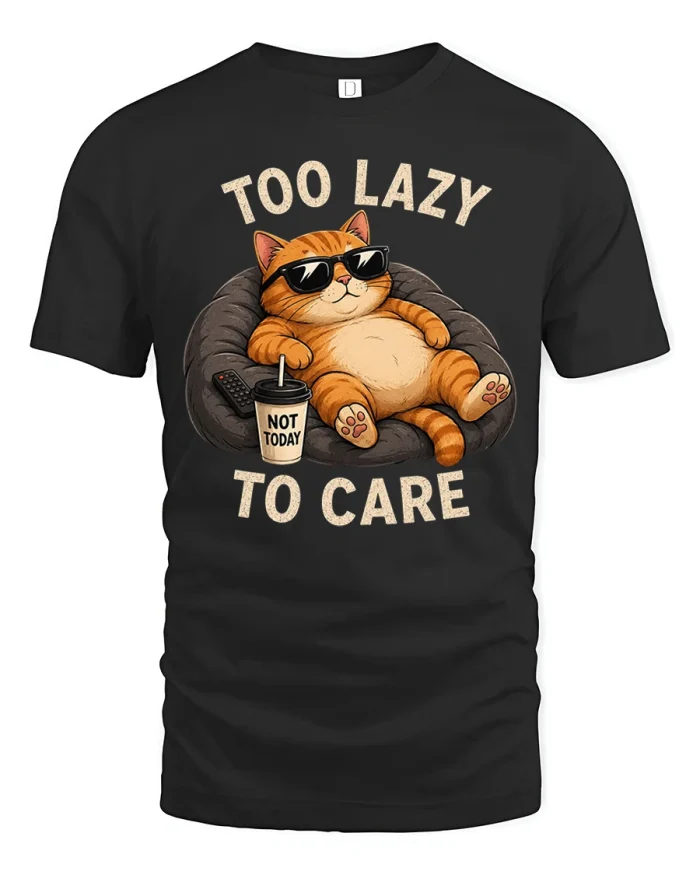 Too Lazy To Care Fat Orange Cat Relaxing T-Shirt - black t-shirt on white background
