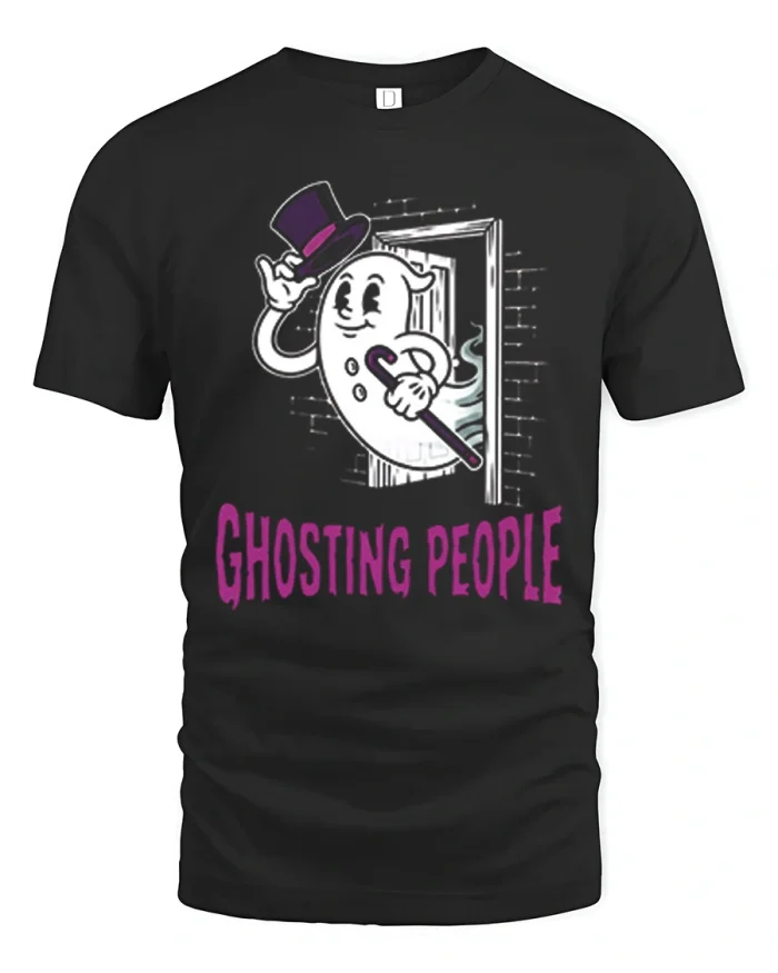 Ghosting People Vintage Cartoon Ghost Walking Out Door T-Shirt - black t-shirt on white background