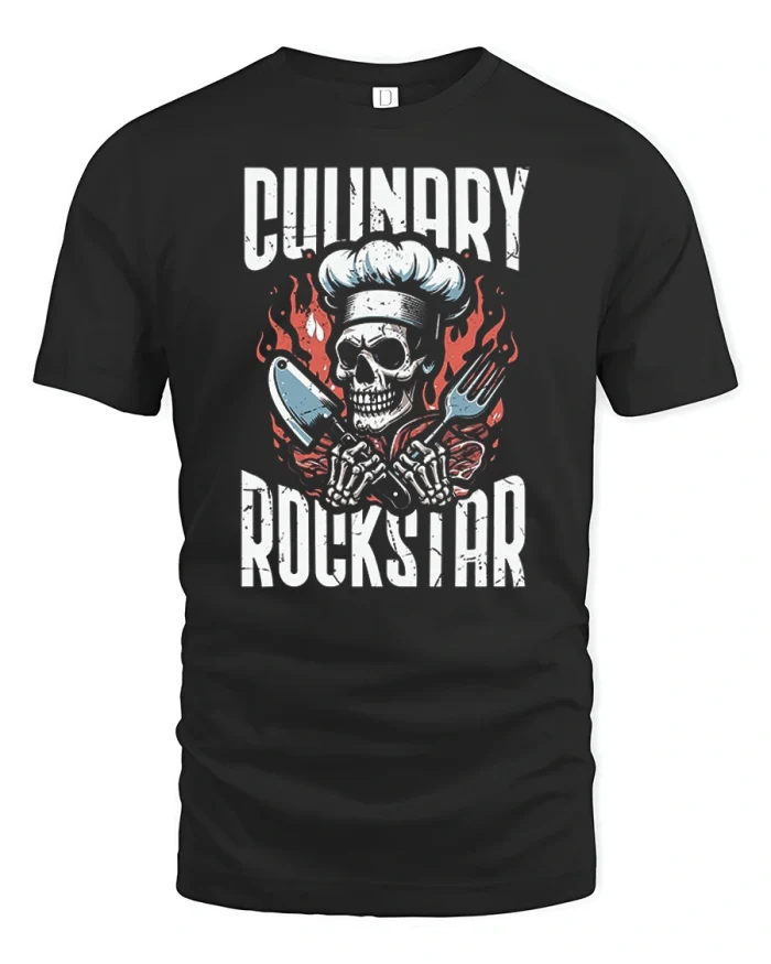 Culinary Rockstar Chef Skull Cooking Knife T-Shirt - black t-shirt on white background