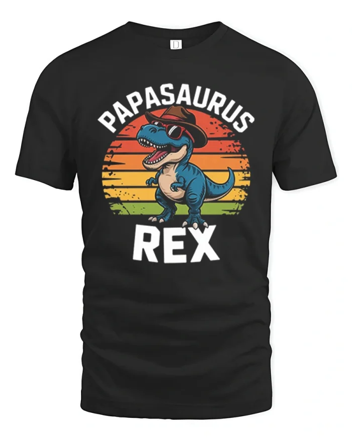 Papasaurus Rex Funny Dinosaur Dad Retro Sunset T-Shirt - black t-shirt on white background