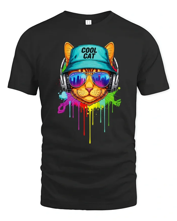 Cool Cat Bucket Hat Sunglasses Headphones T-Shirt - black t-shirt on white background