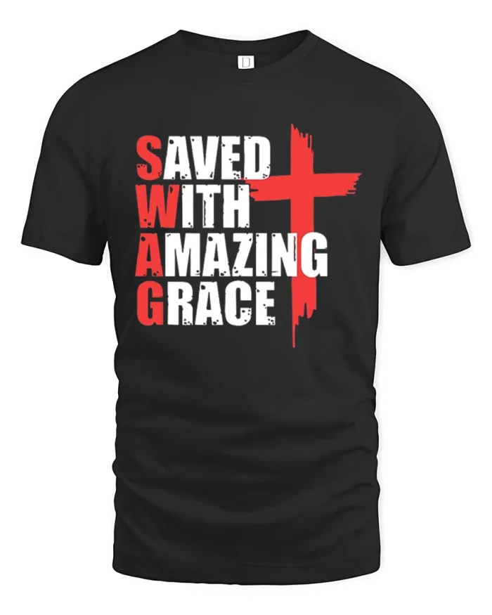 Saved With Amazing Grace Christian Faith Cross T-Shirt - black t-shirt on white background