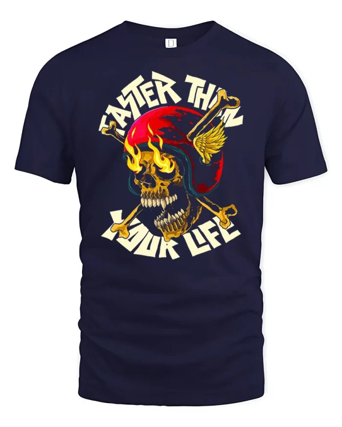 Faster Than Your Life Skull Flaming Helmet T-Shirt - navy t-shirt on white background