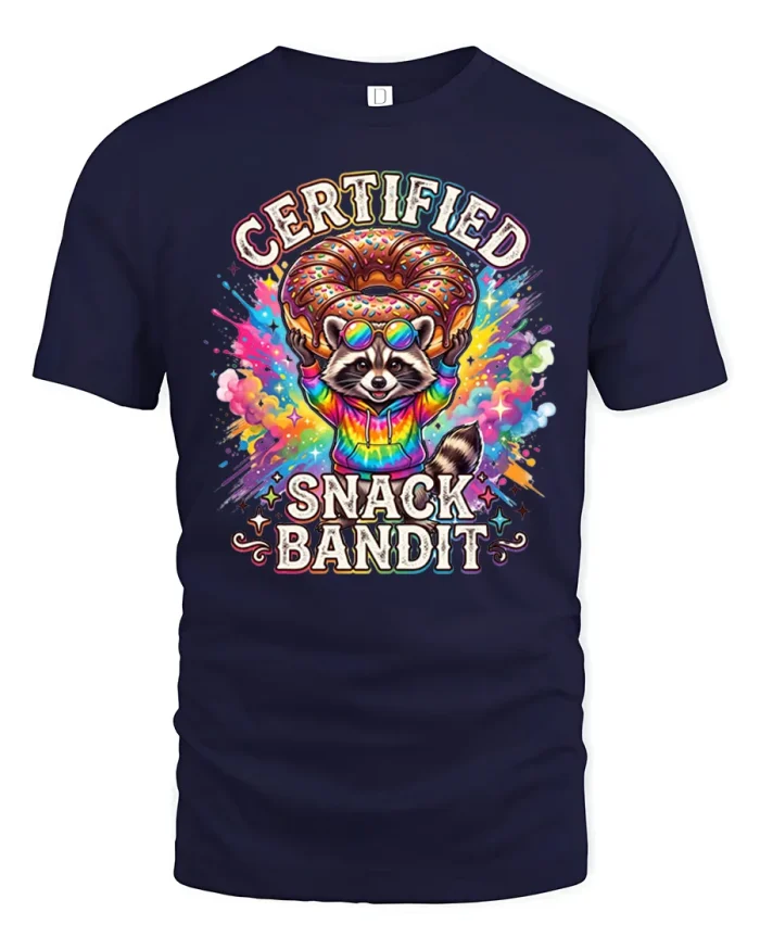 Certified Snack Bandit Raccoon Donut Tie Dye T-Shirt - navy t-shirt on white background