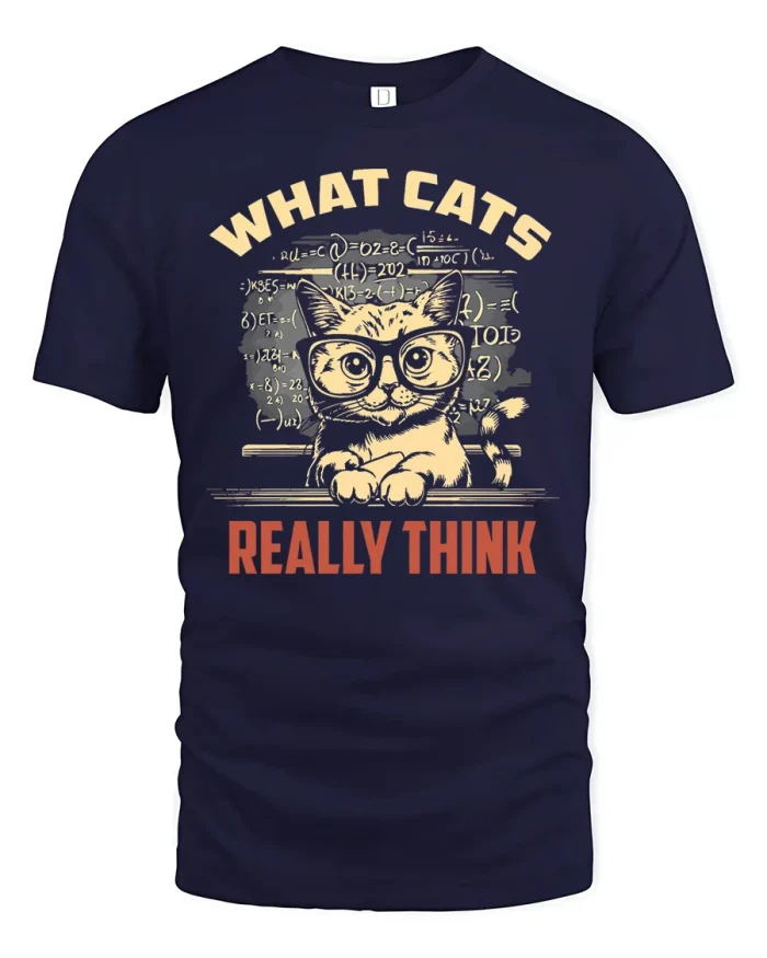 What Cats Really Think Nerd Cat Math Blackboard T-Shirt - navy t-shirt on white background