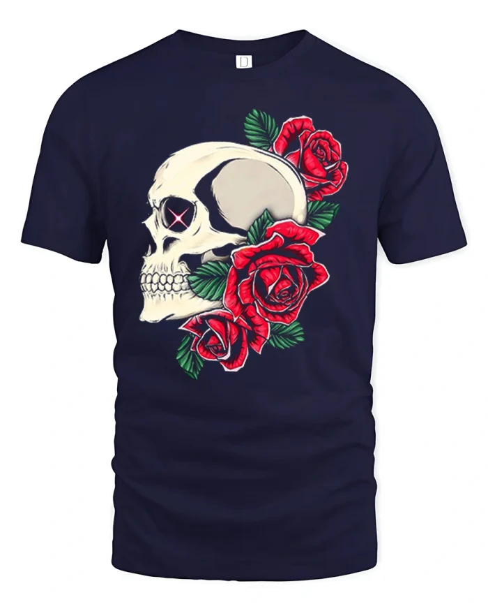 Skull And Red Roses Side View Graphic T-Shirt - navy t-shirt on white background