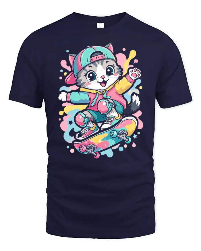 Cool Skater Cat Wearing Cap Pastel Splatter Art T-Shirt - navy t-shirt on white background