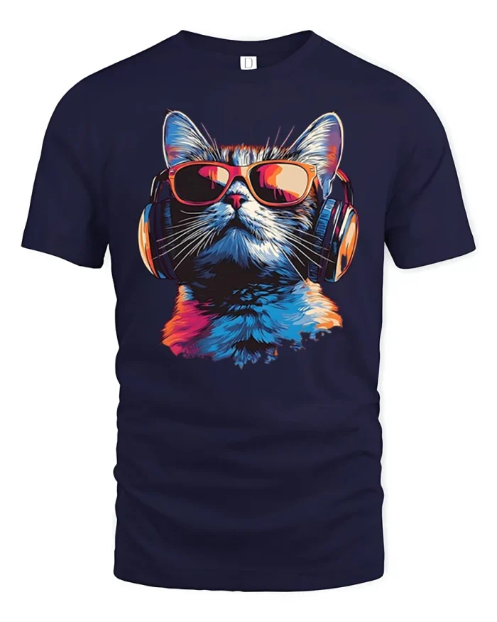 Cool DJ Cat Wearing Headphones And Sunglasses T-Shirt - navy t-shirt on white background