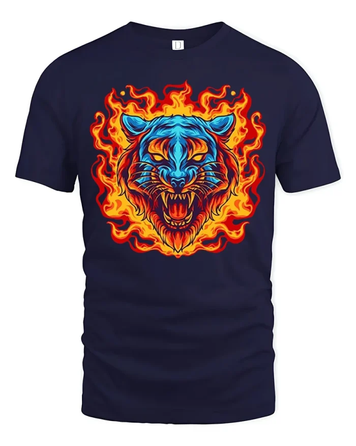 Flaming Tiger Roaring Head Fire Blue Flames Graphic T-Shirt - navy t-shirt on white background