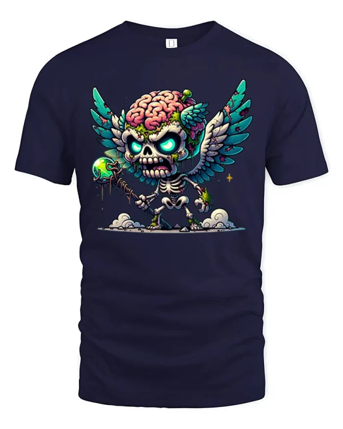 Zombie Skeleton Brain Winged Mage Graphic T-Shirt - navy t-shirt on white background