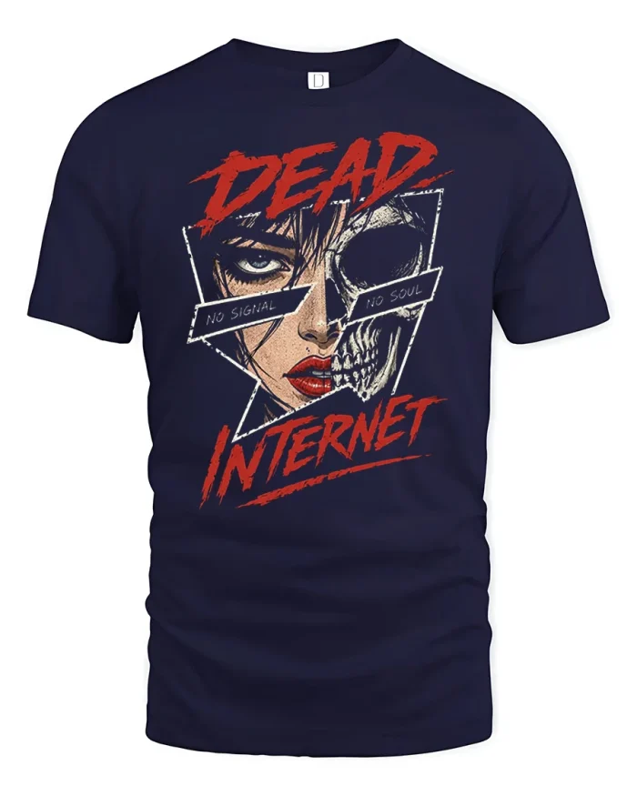 Dead Internet Theory Half Skull Cyberpunk T-Shirt - navy t-shirt on white background