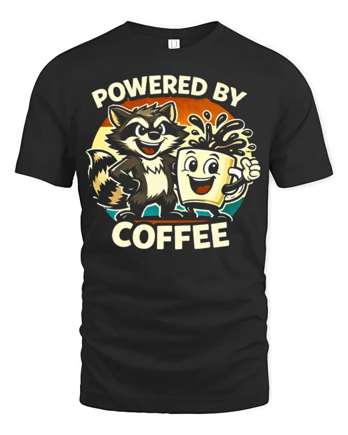 Powered By Coffee Funny Raccoon And Cup T-Shirt - black t-shirt on white background