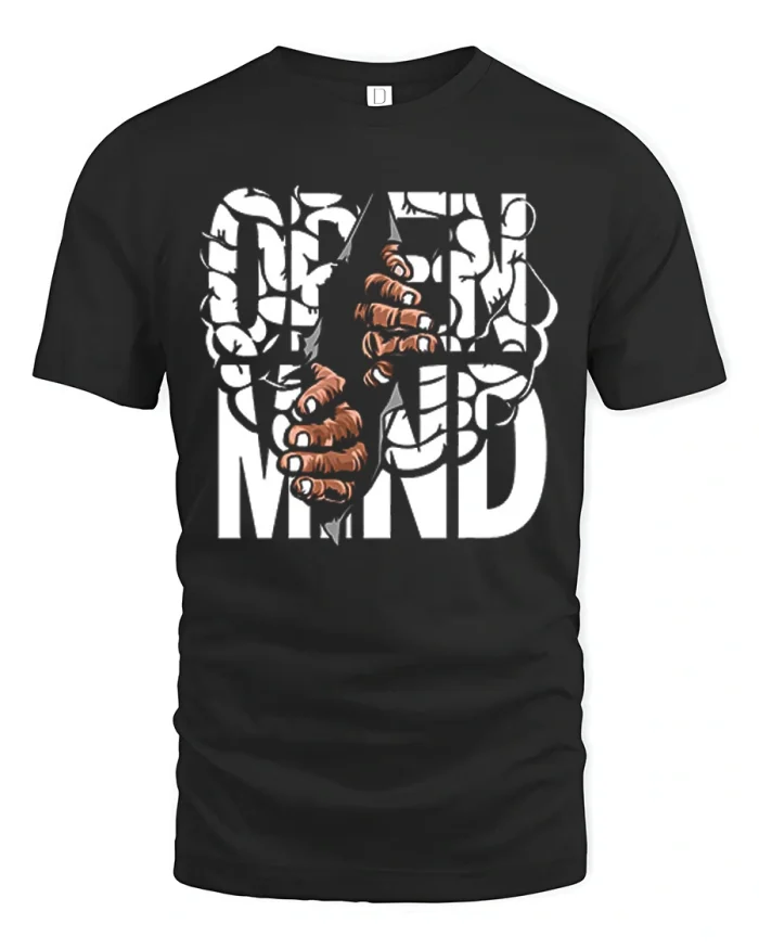 Open Mind Hands Ripping Open Typography Graphic T-Shirt - black t-shirt on white background