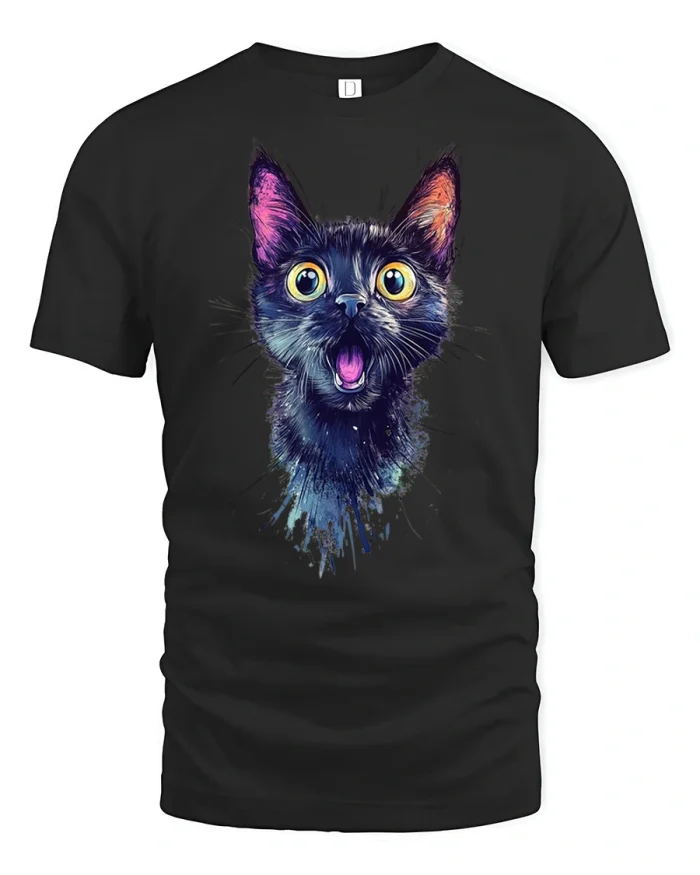 Shocked Black Cat Wide Eyes Cute Funny Animal T-Shirt - black t-shirt on white background