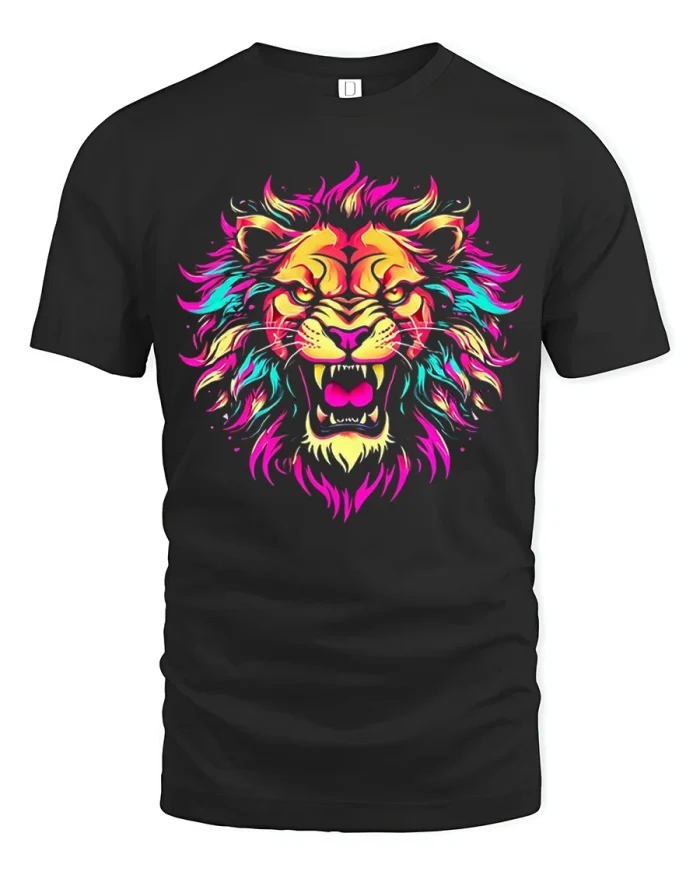 Neon Roaring Lion Head Vibrant Colorful Art T-Shirt - black t-shirt on white background