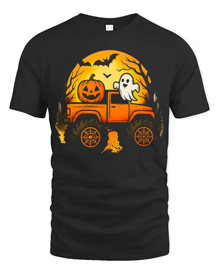 Halloween Monster Truck Ghost Pumpkin Spooky T-Shirt - black t-shirt on white background