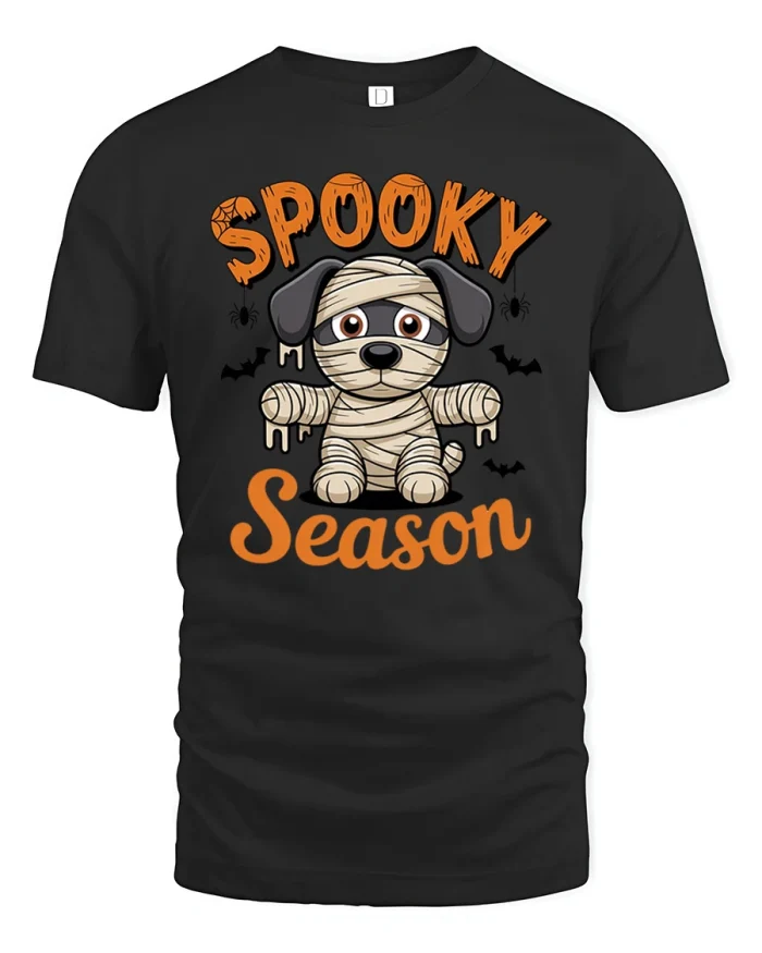 Spooky Season Cute Mummy Dog Puppy Halloween T-Shirt - black t-shirt on white background