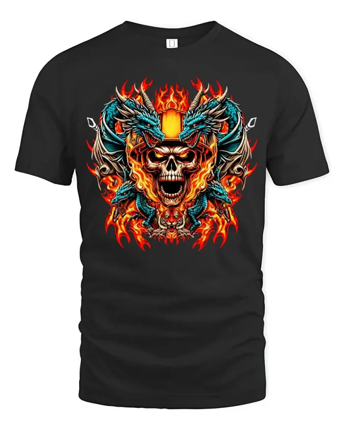 Flaming Skull And Blue Dragons Fire Fantasy T-Shirt - black t-shirt on white background