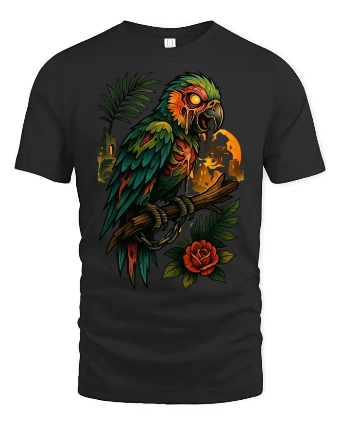 Zombie Parrot Pirate Bird Undead Halloween T-Shirt - black t-shirt on white background
