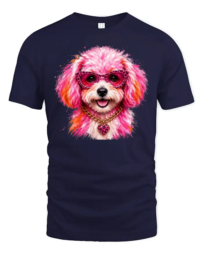 Cute Pink Poodle Wearing Sunglasses And Chain T-Shirt - navy t-shirt on white background