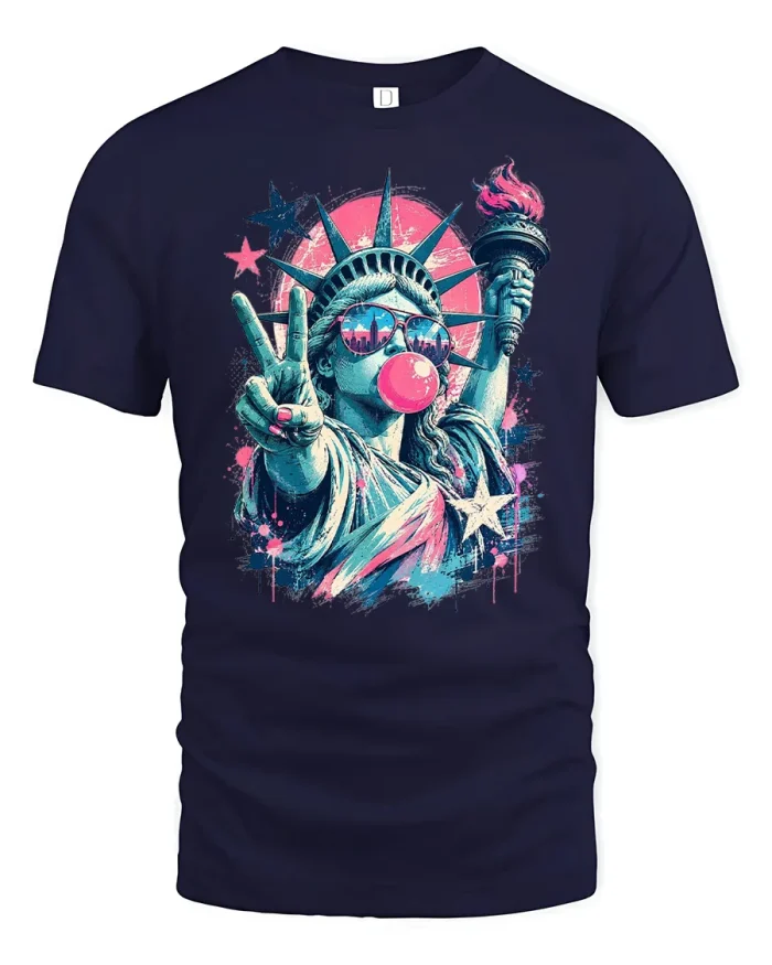 Statue Of Liberty Bubble Gum Pop Art T-Shirt - navy t-shirt on white background