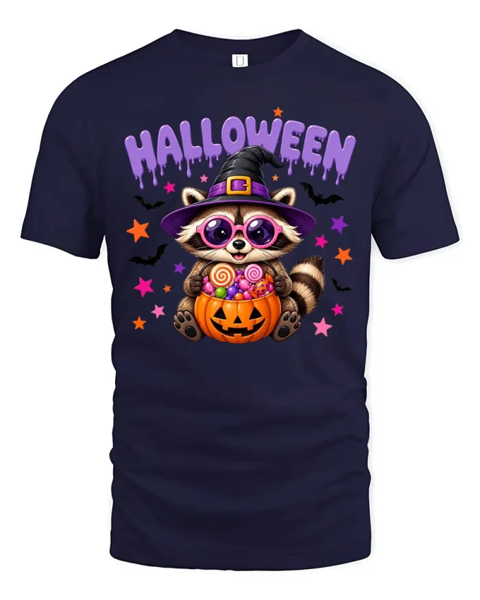 Halloween Cute Raccoon Witch Holding Candy Pumpkin T-Shirt - navy t-shirt on white background