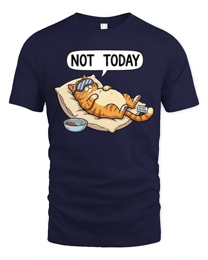 Not Today Fat Lazy Orange Cat Sleeping Meme T-Shirt - navy t-shirt on white background