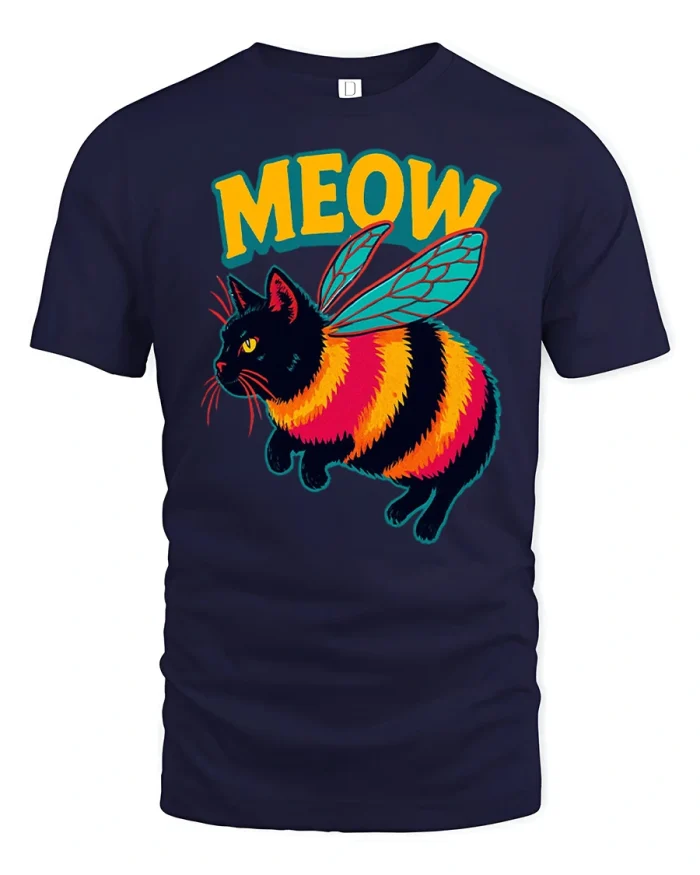 Meow Cute Black Cat Bumblebee Hybrid Funny T-Shirt - navy t-shirt on white background