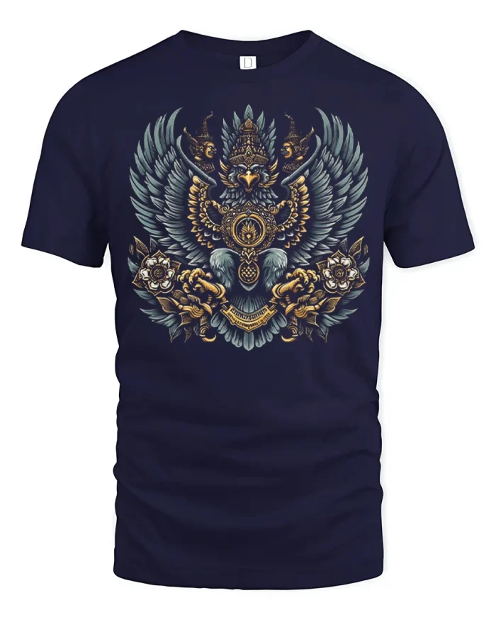 Mythical Garuda Bird Wings Gold Ornament T-Shirt - navy t-shirt on white background