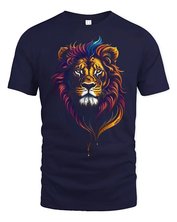 Neon Lion Head Colorful Mane Wildlife Art T-Shirt - navy t-shirt on white background