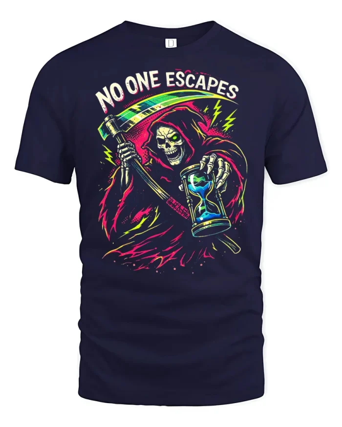 No One Escapes Grim Reaper Hourglass Neon T-Shirt - navy t-shirt on white background