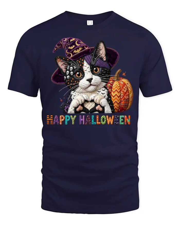 Happy Halloween Cute Cat Witch Hat Pumpkin T-Shirt - navy t-shirt on white background