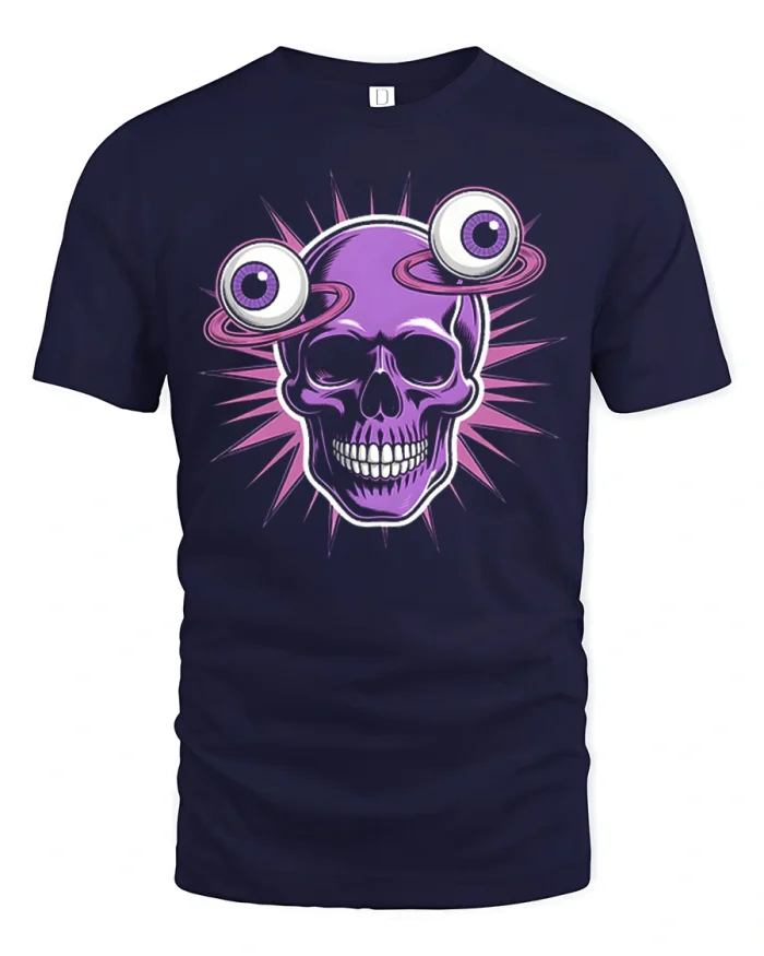 Purple Skull And Crazy Eyeballs Weird Art T-Shirt - navy t-shirt on white background