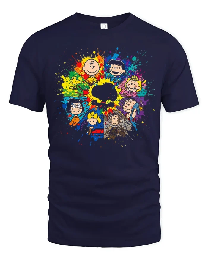 Snoopy And Friends Colorful Watercolor Splatter T-Shirt - navy t-shirt on white background