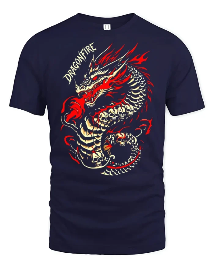 Dragonfire Red Dragon Skeleton Skulls Fantasy T-Shirt - navy t-shirt on white background