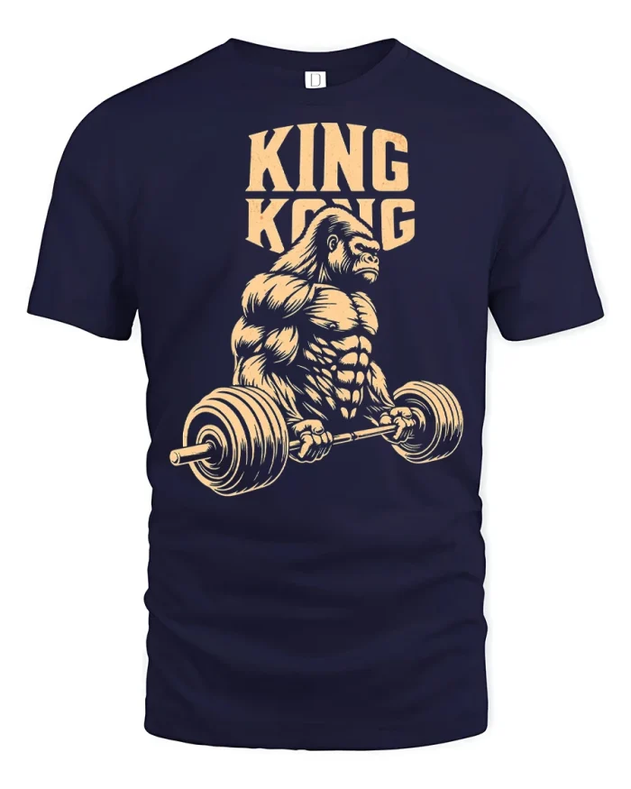 King Kong Bodybuilding Gorilla Lifting Weights T-Shirt - navy t-shirt on white background