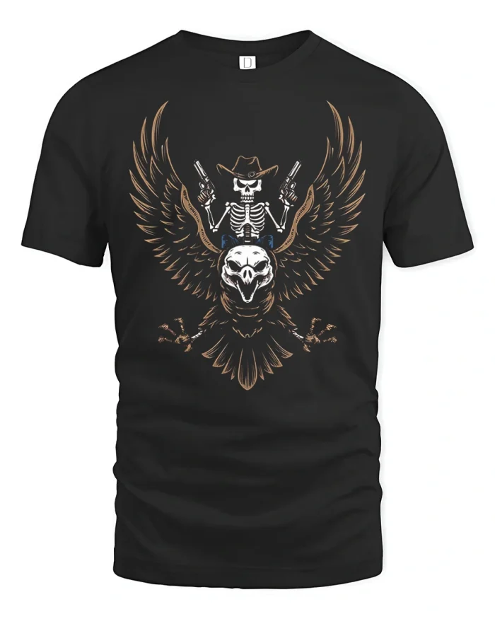 Skeleton Cowboy Riding Owl Dual Guns Graphic Cotton T Shirt - black t-shirt on white background