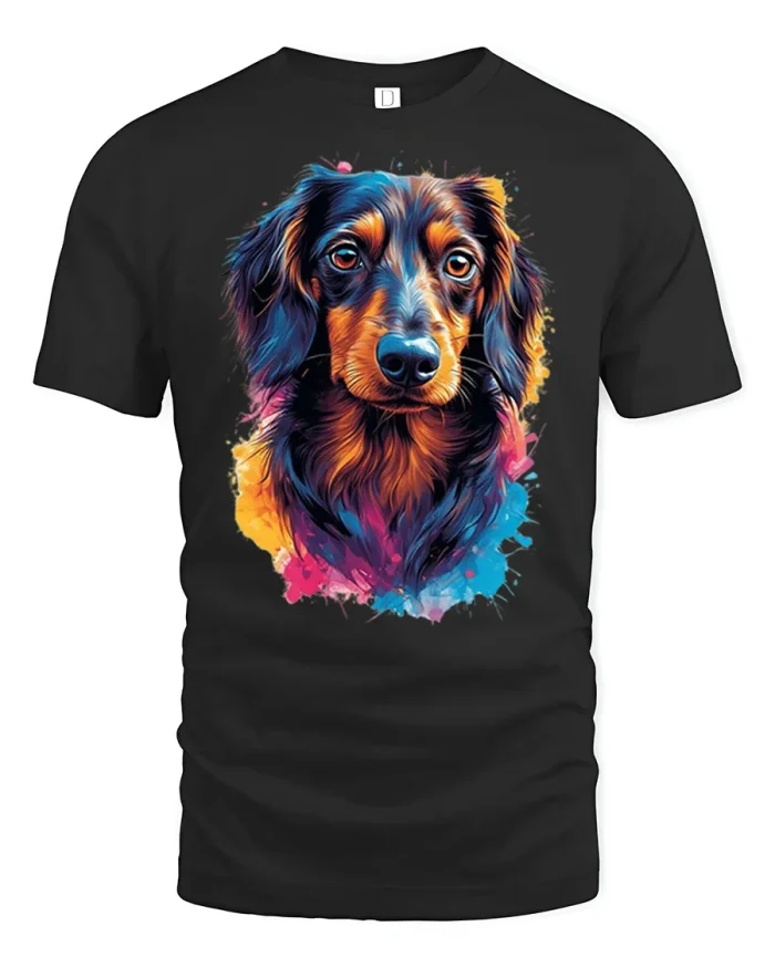 Colorful Dachshund Watercolor Splatter Art Cotton T Shirt - black t-shirt on white background