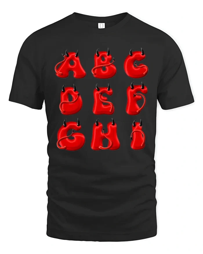 Red Devil Alphabet Horns Tail Graphic Soft Cotton Tshirt - black t-shirt on white background