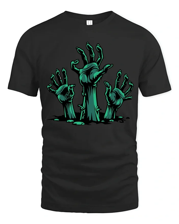 Zombie Hands Rising From Grave Horror Cotton T Shirt - black t-shirt on white background