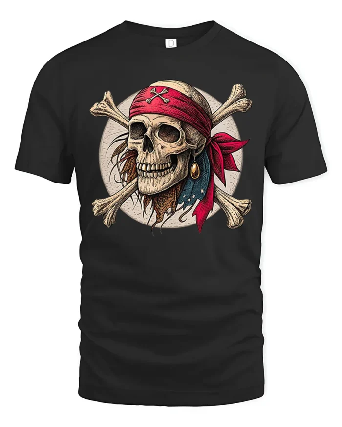 Vintage Pirate Skull Crossbones Graphic Soft Cotton T Shirt - black t-shirt on white background