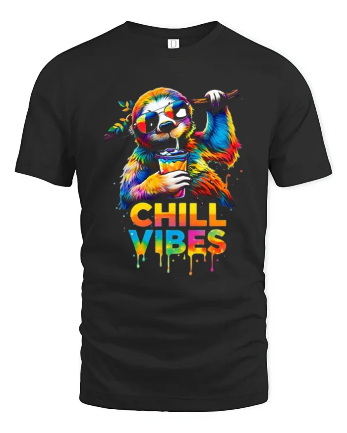 Chill Vibes Sloth Sunglasses Iced Drink Cotton T Shirt - black t-shirt on white background