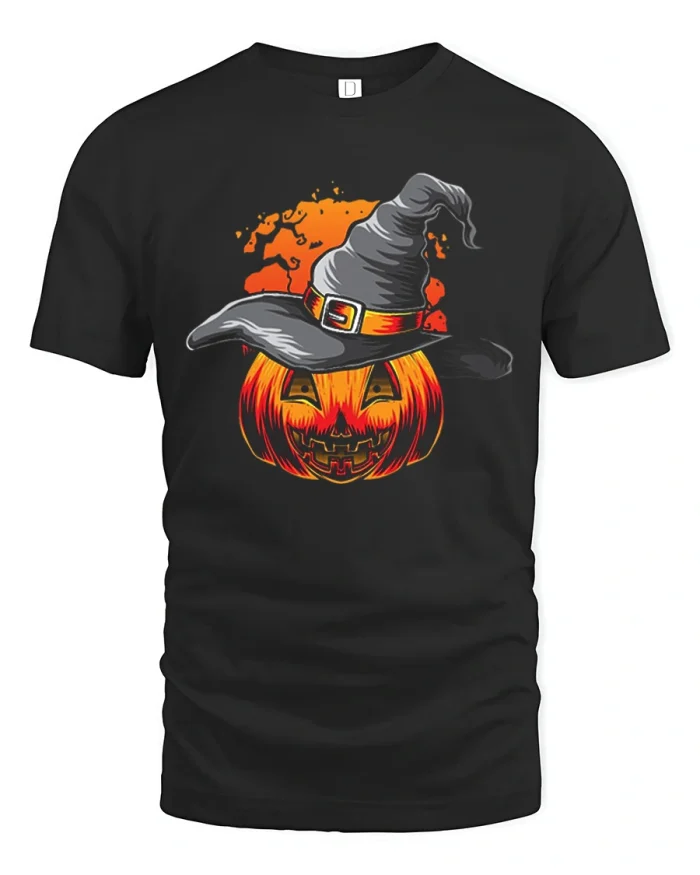 Spooky Witch Hat Halloween Pumpkin Graphic Cotton T Shirt - black t-shirt on white background
