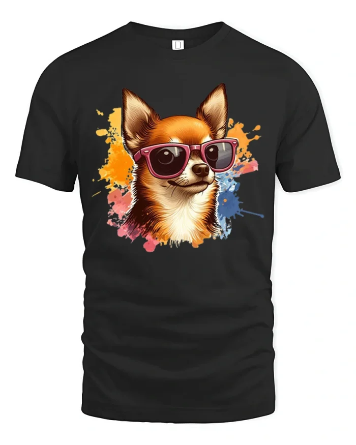 Cool Chihuahua Sunglasses Paint Splatter Cotton T Shirt - black t-shirt on white background