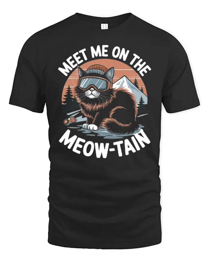Meet Me On The Meowtain Ski Cat Graphic Cotton T Shirt - black t-shirt on white background