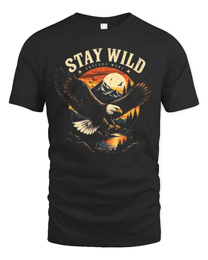 Stay Wild Bald Eagle Mountain Sunset Graphic Cotton T Shirt - black t-shirt on white background