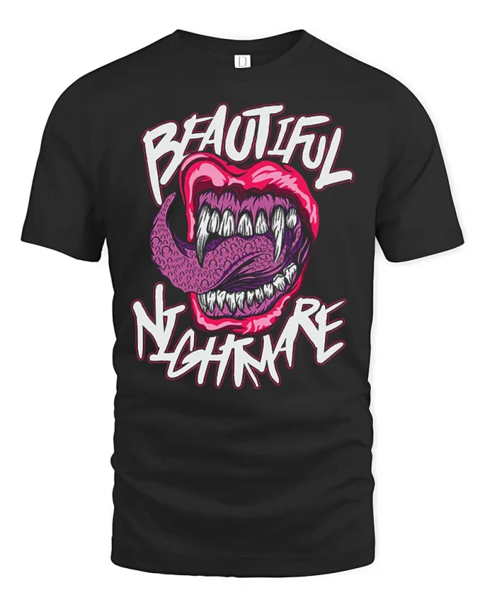 Beautiful Nightmare Monster Lips Teeth Soft Cotton T Shirt - black t-shirt on white background
