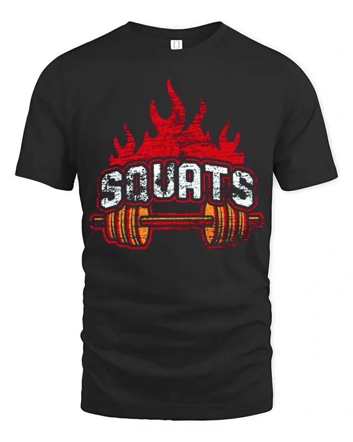 Fiery Squats Barbell Gym Workout Graphic Cotton T Shirt - black t-shirt on white background
