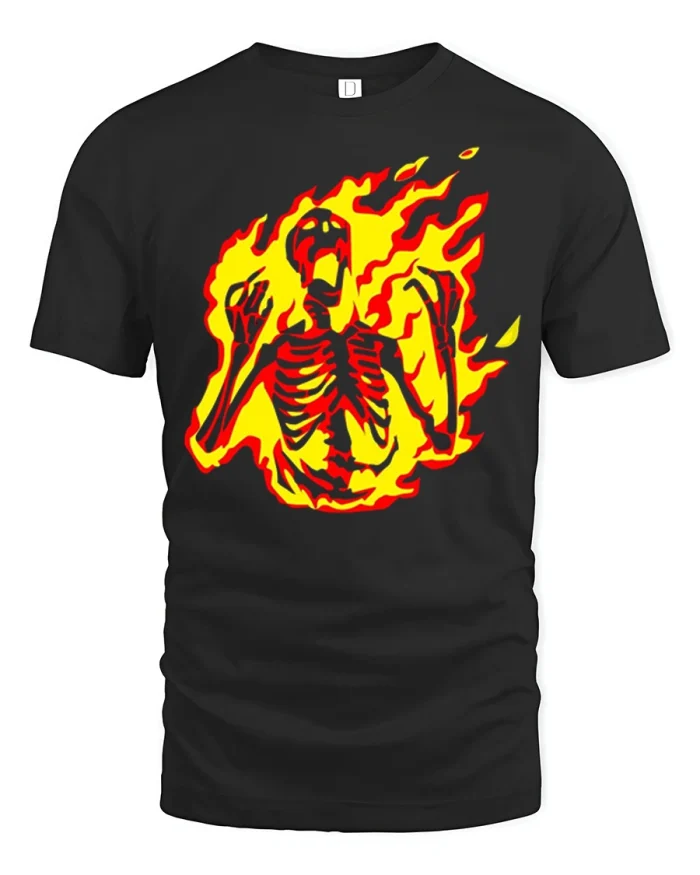 Screaming Burning Skeleton Fire Graphic Cotton T Shirt - black t-shirt on white background